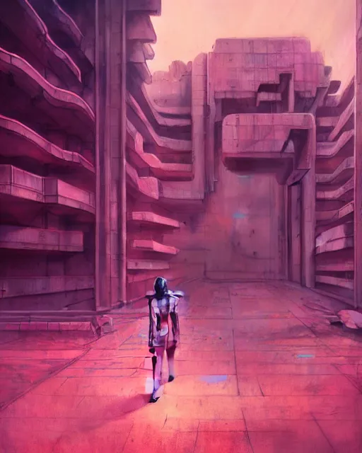 Prompt: hyperrealistic 3d render mecha iridescent pink brutalist city ruins background concept art vray santiago caruso de chirico sharp cinematic moody light 8k low angle shallow depth of field