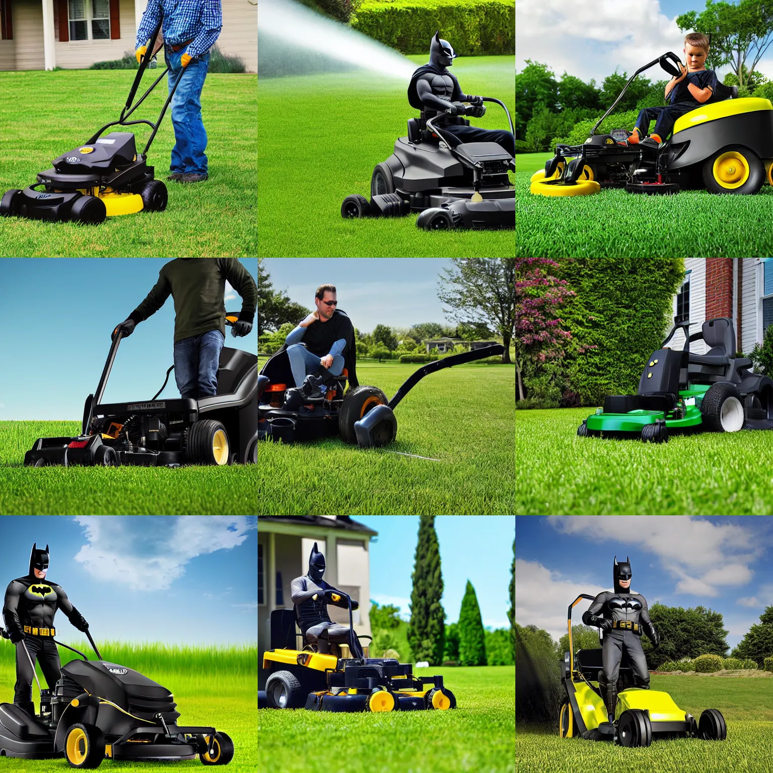 Prompt: batman driving lawnmower, property with tall grass being mowed, photograph