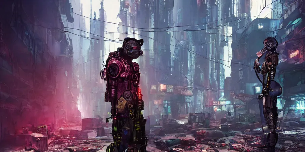 Prompt: cyberpunk cat gang, fallout 5, studio lighting, deep colors, apocalyptic setting, sneak peak