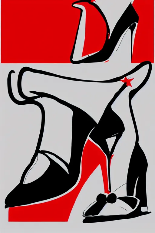 Prompt: black high heels with red bottoms, illustration, graphic design, high fashion, wall art, elegant, in the style of andy warhol,