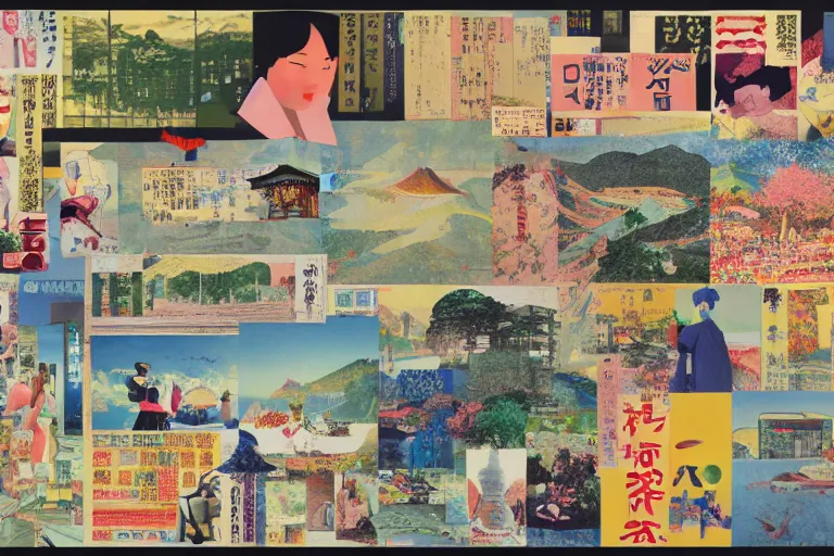 Prompt: award winning graphic design poster, photocollage art depicting a variety of japan travel, beauty, tastes, crafts and more, photocollage painting by National Geographic, Hannah Hoch and David Hockney