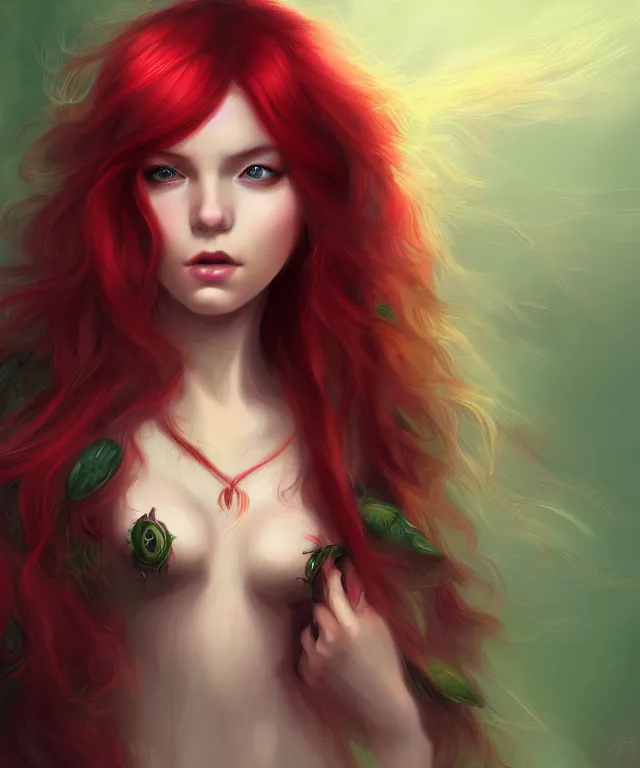 Prompt: Fae teenage girl, portrait, face, long red hair, green highlights, fantasy, intricate, elegant, highly detailed, digital painting, concept art, smooth