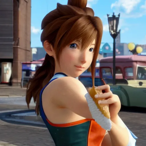 Image similar to Aerith Gainsborough from Final Fantasy VII Remake eating an ice cream cone