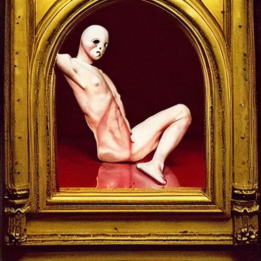 Prompt: an all white human, with no facial features, like a white mask pulled over their face, full body laying in a blood red pool of water between a golden mirror frame, outside is space and inside the mirror frame is a beautiful landscape., physically accurate, dynamic lighting, intricate, elegant, highly detailed, very very Roberto Ferri, sharp focus, very very unsettling, very terrifying, illustration, art