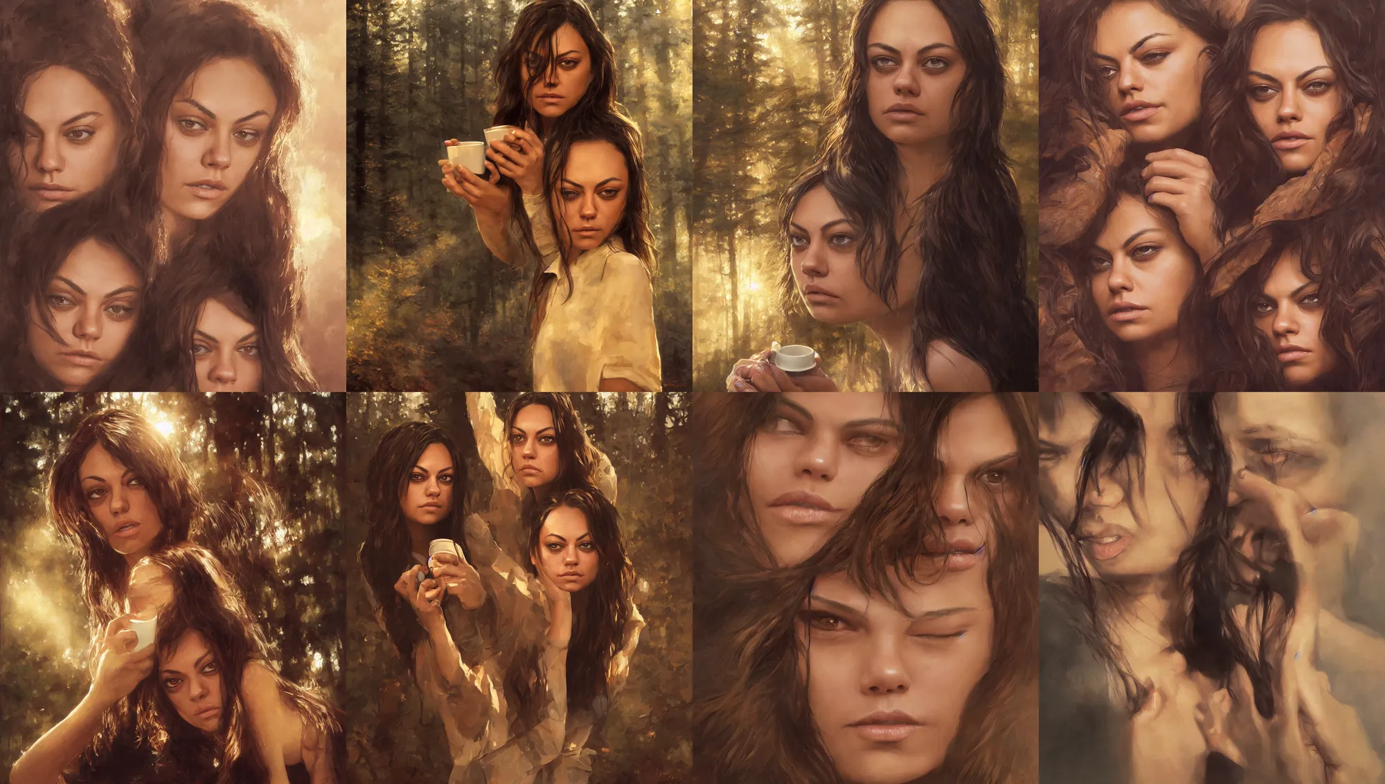 Image similar to close portrait of sleepy mila kunis waking up with coffee, dramatic light, morning golden hour, forest cabin background, 2 0 0 mm focal length, 1 9 7 0 s, painted by stanley lau, painted by greg rutkowski, painted by stanley artgerm, digital art, trending on artstation