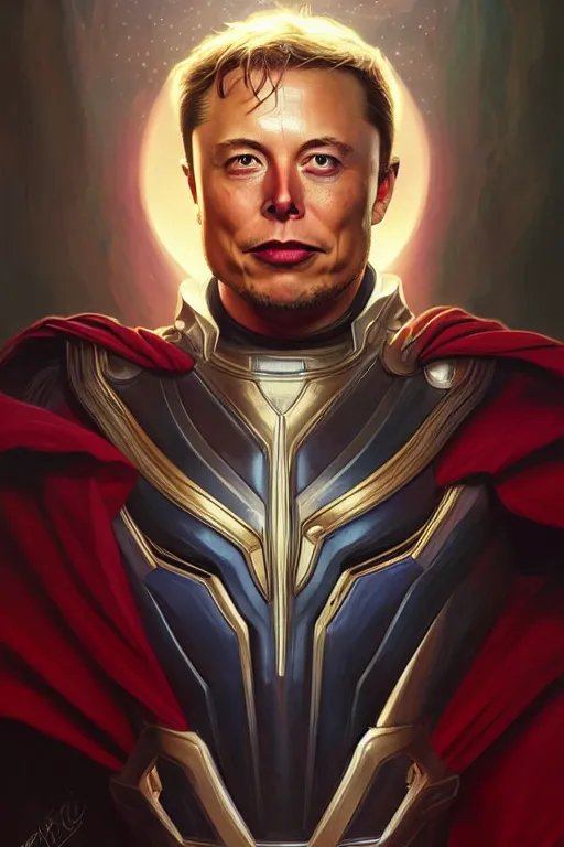 Image similar to elon musk as thor, realistic portrait, symmetrical, highly detailed, digital painting, artstation, concept art, smooth, sharp focus, illustration, cinematic lighting, art by artgerm and greg rutkowski and alphonse mucha