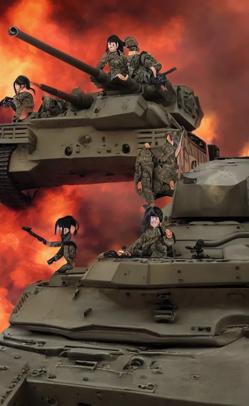 Prompt: war photo of a screaming female and asian tank commander getting outside of her vehicle, highly detailed, smoke and flames in the background, high resolution, cosplay photo, stunning, girls frontline style, bokeh soft, shot on 70mm, zenithal lightning, trending on instagram, by award winning photographer, realistic human anatomy, real human faces, realistic military carrier, soldier clothing, modern warfare, shot with a professional camera, low saturation, soldier clothing