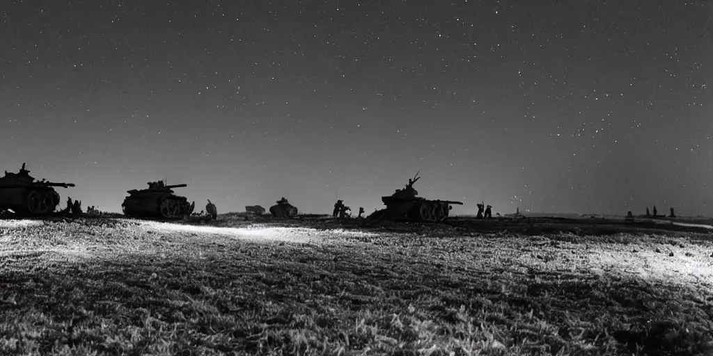 Image similar to a calm WW2 battlefield at night, Eastern Front, stars, wintertime, trenches, wrecked tanks