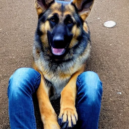 Image similar to a humanoid german shepherd, he wears a gray t - shirt with blue jeans.