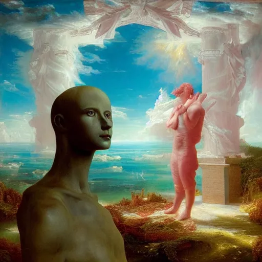 Image similar to dj rave party, hyperrealistic surrealism, dreamscape, thomas cole, award winning masterpiece with incredible details, zhang kechun, a surreal vaporwave vaporwave vaporwave vaporwave vaporwave painting by thomas cole of a gigantic broken mannequin head sculpture in ruins, astronaut lost in liminal space, highly detailed, trending on artstation