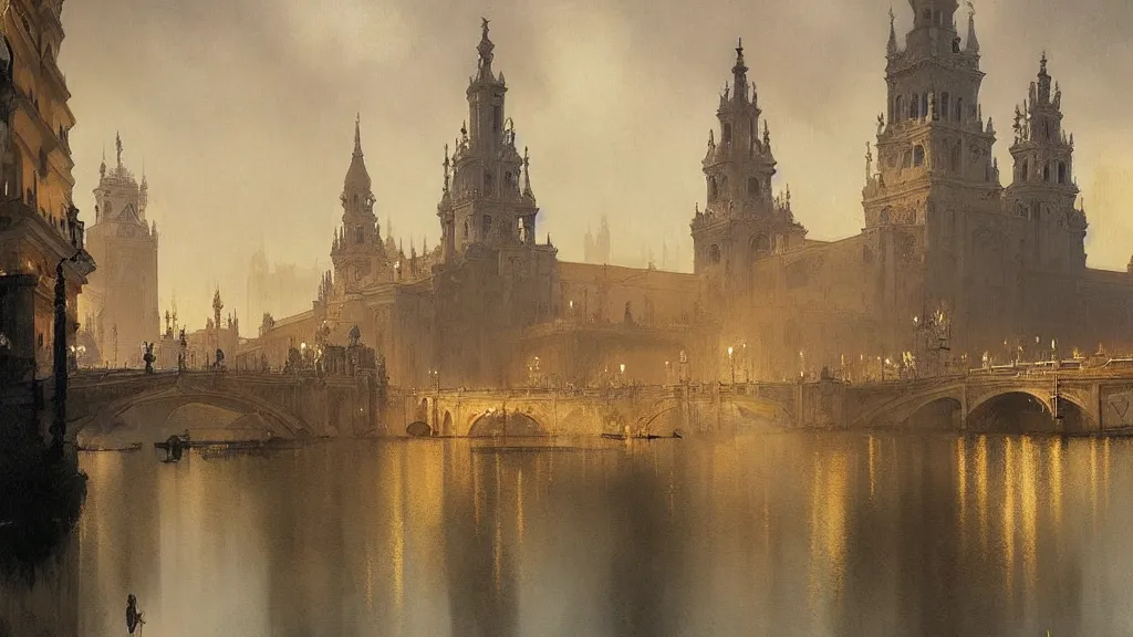 Image similar to sevilla city of spain, reflexions, verry high details by william turner art, greg rutkowski and alphonse mucha, trending on artstation, very very detailed, masterpiece,