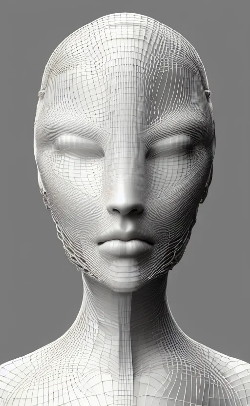 Image similar to complex 3d render ultra detailed of a beautiful porcelain profile woman face, hazel eyes, vegetal dragon cyborg, 150 mm, beautiful natural soft light, rim light, silver white details, roots, fine lace, maze like, mandelbot fractal, magnolia big yellow leaves and stems, anatomical, facial muscles, cable wires, microchip, elegant, white metallic armor, octane render, black and white, H.R. Giger style