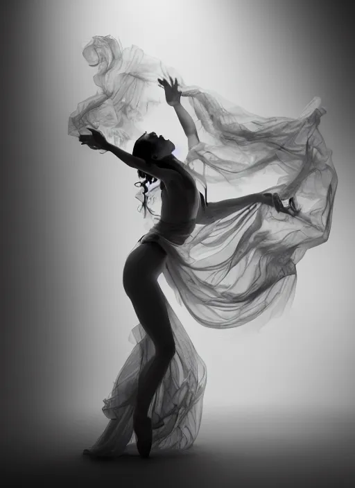 Image similar to a Photorealistic dramatic hyperrealistic render of a glamorous beautiful Female smoke dancer by Ken Brower and Deborah Ory of NYC Dance project,Lois Greenfield,Flowing cloth and smoke,Beautiful dynamic dramatic dark moody lighting,volumetric,shadows,cinematic atmosphere,Octane render,8K