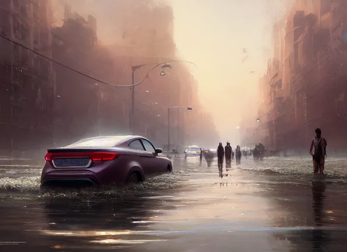 Image similar to cars driving through shallow water, flooded city, people walking through shallow water, muted colors, highly detailed, hyperrealistic, oil painting, intricate, cgsociety, artstation, 8 k, cinematic, soft lighting, by greg rutkowski, by wlop, by artgerm