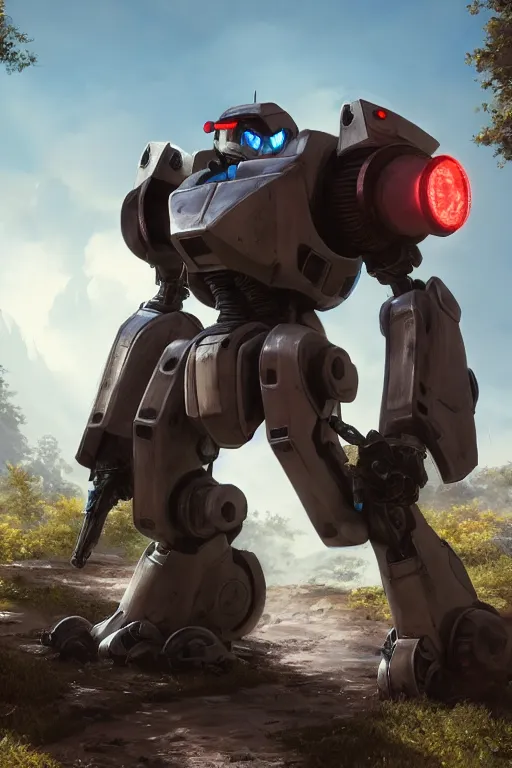 Image similar to mechwarrior 5 : mercenaries mech megaman transformer robot boss tank engine game octane render, 4 k, hd 2 0 2 2 3 d cgi rtx hdr style chrome reflexion glow fanart, global illumination ray tracing hdr fanart arstation by ian pesty by jesper ejsing pixar and disney unreal zbrush central hardmesh