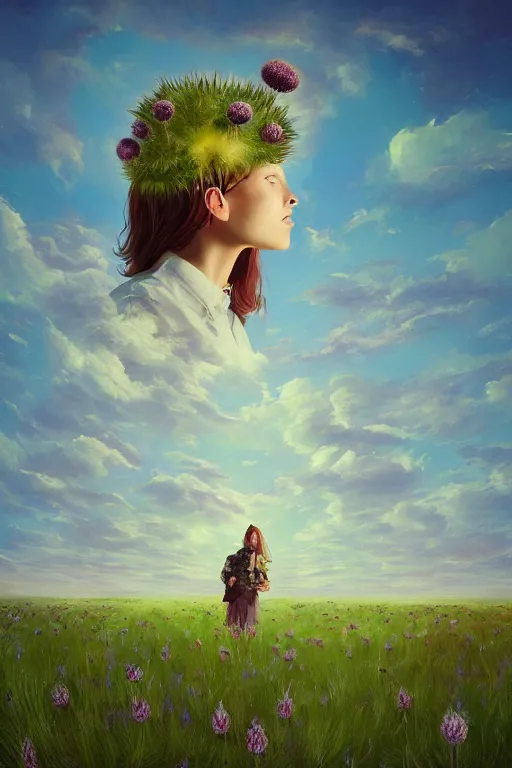 Prompt: portrait, enormous thistle flower under the head, girl in suit in field of flowers, surreal photography, sunrise, blue sky, dramatic light, impressionist painting, digital painting, artstation, simon stalenhag