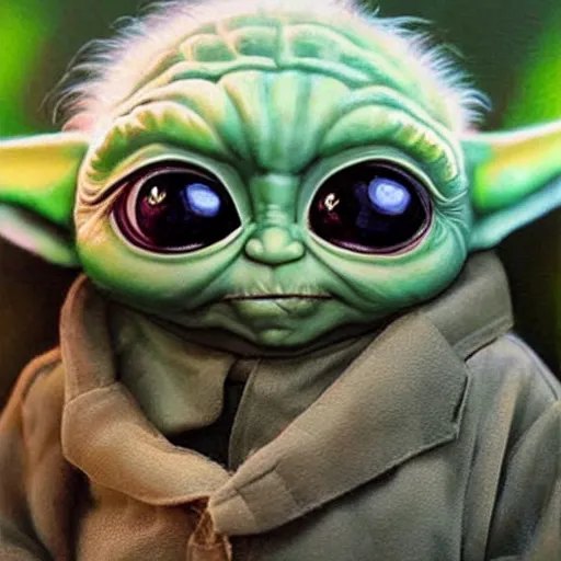 Image similar to very very cute portrait of baby Yoda with the face of Nathan Fillion by Sandra Chevrier