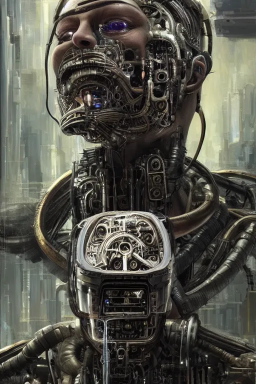 Image similar to an extremely high quality hd, a digital painting of a man's face surrounded by mechanical parts, cyberpunk art by h. r. ( hans ruedi ) giger, featured on cgsociety, afrofuturism, circuitry, tesseract, dystopian art, 8 k, ultra realistic, very realistic