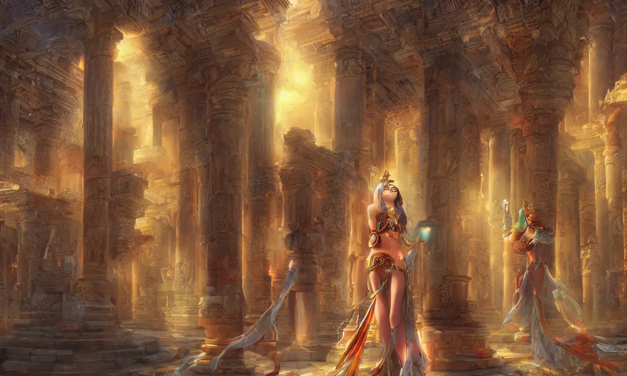 Prompt: anime cleopatra in a beautiful temple, vivid colors, high details, cinematic, 8k resolution, beautiful detailed, photorealistic, digital painting, artstation, concept art, smooth, sharp focus, illustration, fantasy background, artstation trending, octane render, unreal engine