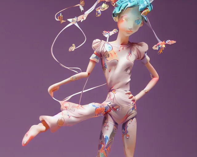 Image similar to James Jean isolated cheerful tomboy vinyl figure, figure photography, dynamic pose, holographic undertones, glitter accents on figure, anime stylized, accurate fictional proportions, high delicate details, ethereal lighting - H 640