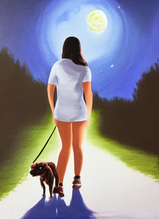 Image similar to young brown woman walking her dog in a park at night with a full moon, acrylic painting, photoreal, fantasy