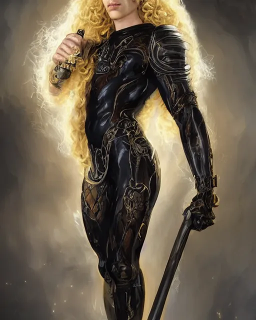 Prompt: Lucius as an androgynous albino prince in a black gilded obsidian bodysuit, long fluffy golden blonde curly hair, digital painting, muscular young man, sci-fi setting, symmetrical features, Daniel Gerhartz, high detail intricate, artstation, WLOP, Artgerm, J. Scott Campbell; Olivia De Berardinis, Daniel Gerhartz, jack kirby, mysterious vibes
