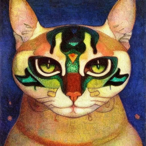 Image similar to cloisonne cat head, by annie swynnerton and diego rivera and nicholas roerich and jean delville, symbolist, dramatic lighting, god rays, elaborate geometric ornament, art brut, rich colors, smooth, sharp focus, extremely detailed, adolf wolfli and ( donato giancola )