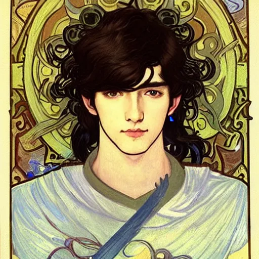 Image similar to portrait painting of young handsome beautiful paladin elf!! man with long! wavy dark hair in his 2 0 s named taehyung minjun james at the blueberry party, wearing armor!, gorgeous hair, elf ears, blueish eyes, icy eyes, elegant, cute, delicate, soft facial features, art by alphonse mucha, vincent van gogh, egon schiele,