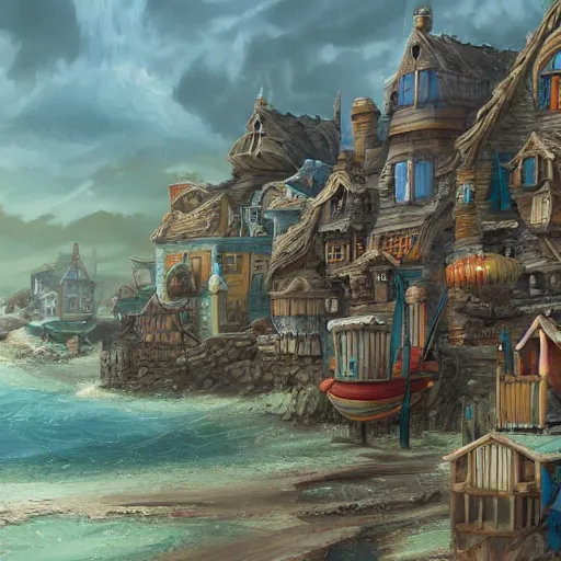 Prompt: a seaside village, detailed, fantasy style, trending on artstation