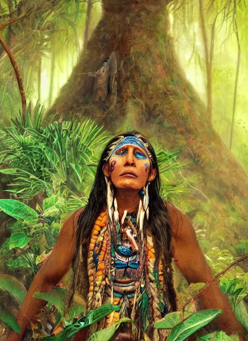 Image similar to a beautiful painted portrait of an indigenous shaman chanting in the jungle, matte painting, fantasy art, ayahuasca