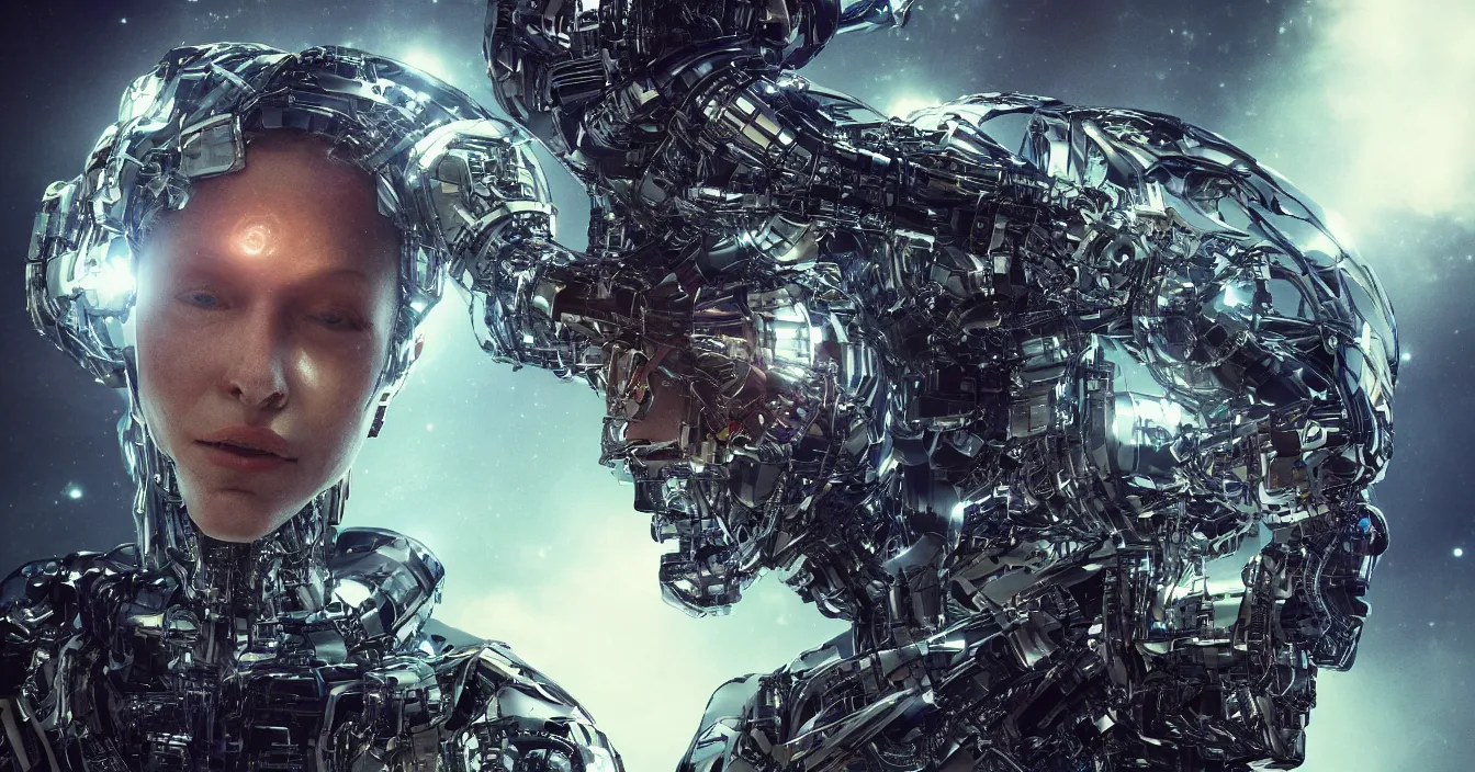 Prompt: hyperrealistic mixed media portrait of a humanoid cyborg floating in space, stunning 3d render inspired art by P. Craig Russell and Barry Windsor-Smith + perfect facial symmetry + dim volumetric lighting, 8k octane beautifully detailed render, post-processing, extremely hyperdetailed, intricate futuristic mechanic parts, epic composition, grim yet sparkling atmosphere, cinematic lighting + masterpiece, trending on artstation