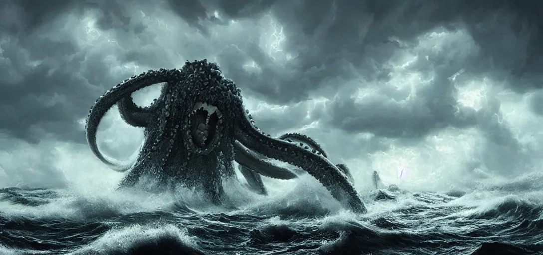 Prompt: wild ocean storm during the day, a giant kraken emerging from water, dramatic lighting, cinematic, establishing shot, extremly high detail, foto realistic, cinematic lighting, post processed, concept art, artstation, matte painting, style by eddie mendoza, raphael lacoste, alex ross