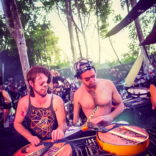Image similar to scandy and arender, cooking it up, hot hot hot, splash, ahhhhhhh, roomies, bohemian digitals, playing a live gig at ozora festival, huge crowd, ecstatic, photography