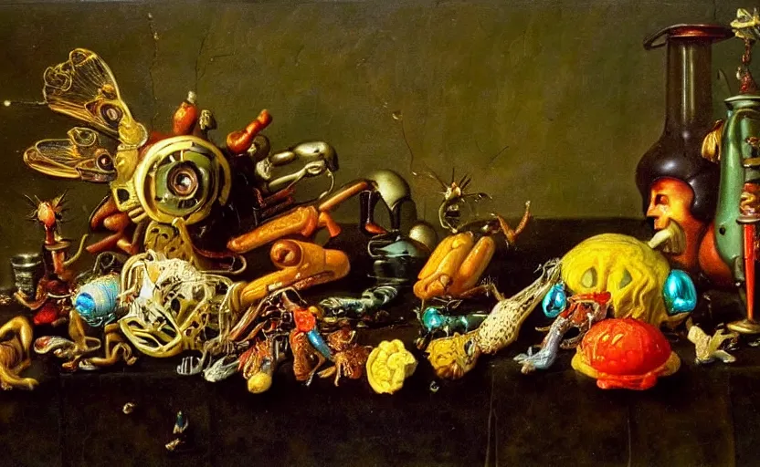 Image similar to disturbing colorful oil painting dutch golden age vanitas still life with bizarre objects strange gooey surfaces shiny metal bizarre insects rachel ruysch dali todd schorr very detailed perfect composition rule of thirds masterpiece canon 5 0 mm, cinematic lighting, photography, retro, film, kodachrome