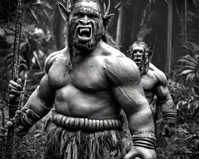 Image similar to hyper realistic group vintage photograph of a live action warcraft orc warrior tribe in the jungle, tall, hulk like physique, detailed faces, tribal paint, tribal armor, grain, old, monochrome, sepia toned, realistic lighting, wide angle