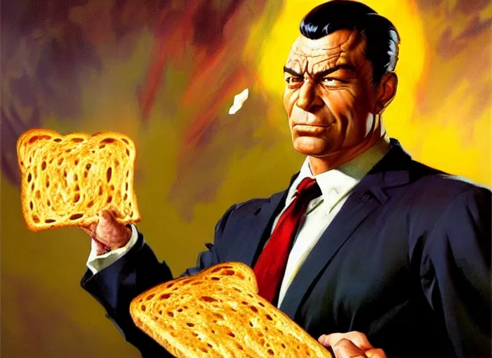 Image similar to magic : the gathering fantasy character concept art of the great businessman by frank frazetta, high resolution. a clear portrait of powerful, business man wearing a business suit, holding a wad of money made out of bread, magical bread and toast money swirling around, fantasy coloring, intricate, digital painting, artstation, smooth, sharp focus