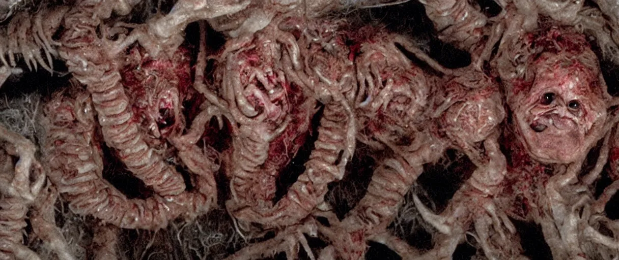 Image similar to filmic extreme wide shot movie still 4k UHD interior color photograph of multiple severed reanimated severed heads protruding out of a mutated abstract shape shifting organism with a variety of chimera animal limbs made of human internal organs, in the style of a horror film The Thing 1982