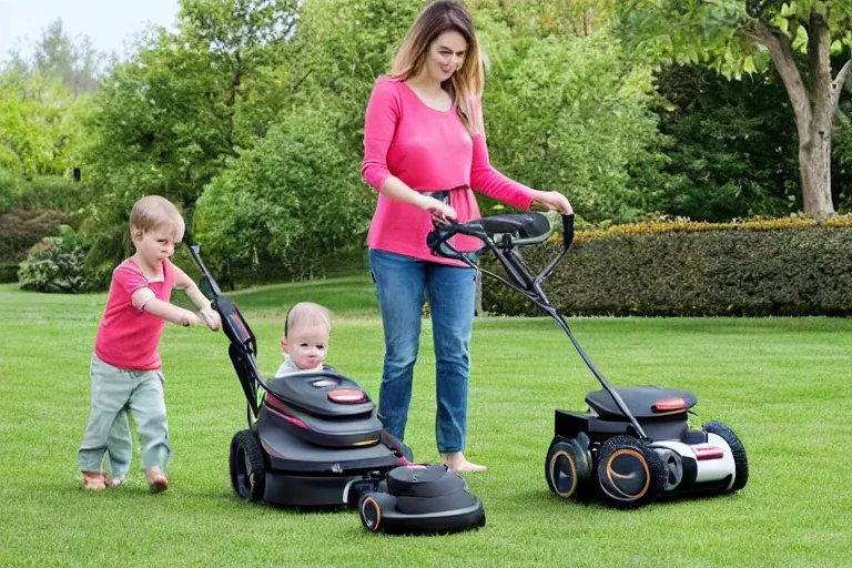 Image similar to baby stroller with a lawn mower attachment