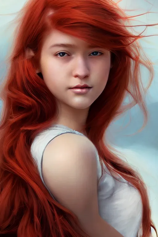 Prompt: ultra realistic style illustration of a beautiful cute red haired joyful teen girl, long hair, 1 9 year old, portrait, sci - fi, fantasy, intricate, elegant, digital painting, artstation, concept art, smooth, sharp focus, illustration, 8 k frostbite 3 engine, ultra detailed, art by artgerm and greg rutkowski and magali villeneuve