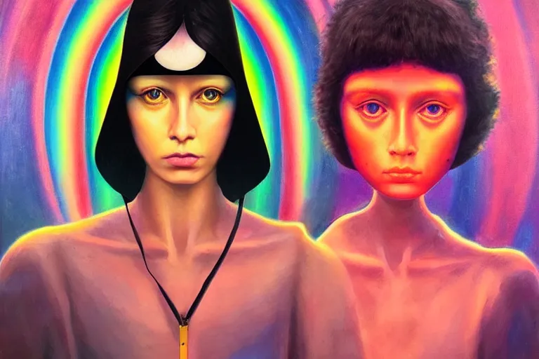 Image similar to patron saint of 🛸🌈👩🏾, futuristic clothing, neon god of city character portrait, in the style of margaret keane, moebius, tom bagshaw, and waterhouse, cinematic lighting, beautiful, elegant, oil painting,