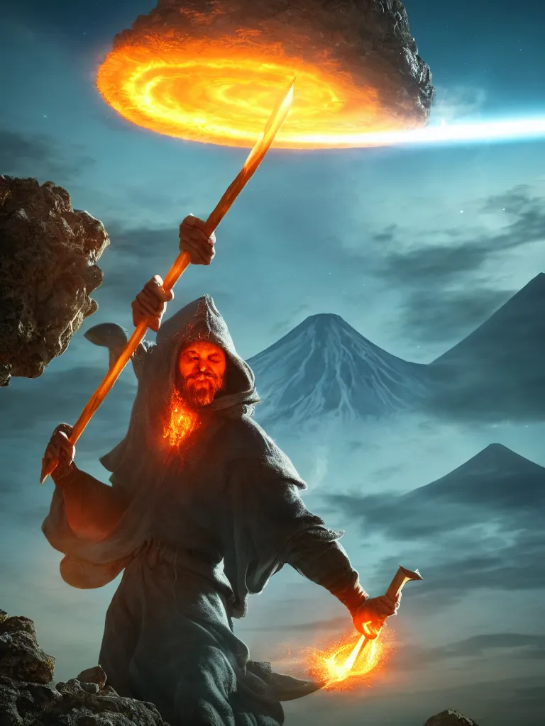 Image similar to levitating wizard wielding a spear, opening a shining portal, night sky, horizon of an erupting volcano, 4 k, ultra realistic, detailed, epic lighting, high detail, masterpiece, trending on artstation