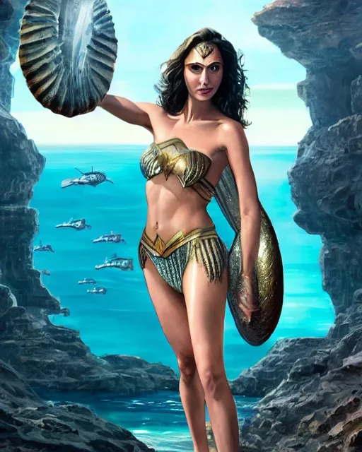 Prompt: gal gadot wearing a shell bikini as the queen of atlantis, atlantis in the background, photorealistic, highly detailed face, realistic face, beautiful detailed eyes, fantasy art, in the style of greg rutkowski, illustration, epic, fantasy, intricate, hyper detailed, artstation, concept art, smooth, sharp focus, ray tracing, vibrant,