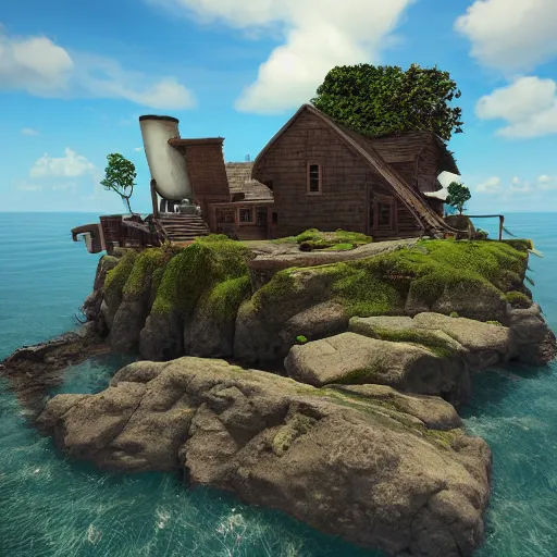 Image similar to house on the island rock, unreal engine, high detail, realism, award winning, detailed lighting