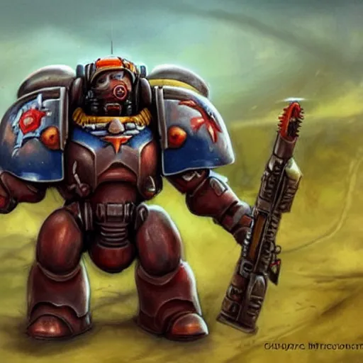 Image similar to Dachshund as a space marine from Starcraft 2 standing on a hill with a heroic pose concept art