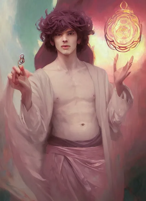 Prompt: character concept portrait of an attractive young smiling Spanish wizard with pink skin conjuring a love spell, a floating iridescent spell book in the center, intricate, elegant, digital painting, concept art, smooth, sharp focus, illustration, from Metal Gear, by Ruan Jia and Mandy Jurgens and William-Adolphe Bouguereau, Artgerm