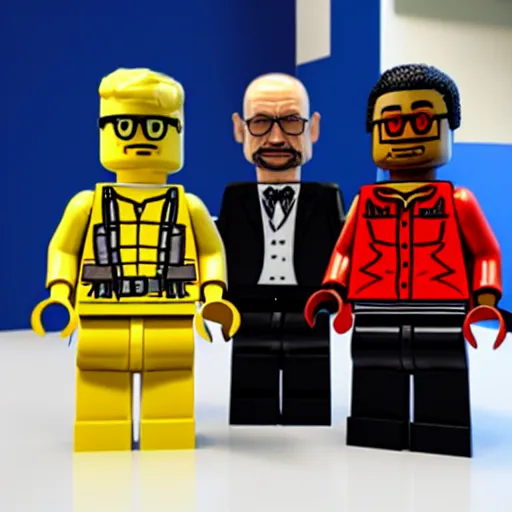 Image similar to LEGO Walter White and LEGO Gus Fring cooking meth with LEGO Obama in yellow jumpsuits