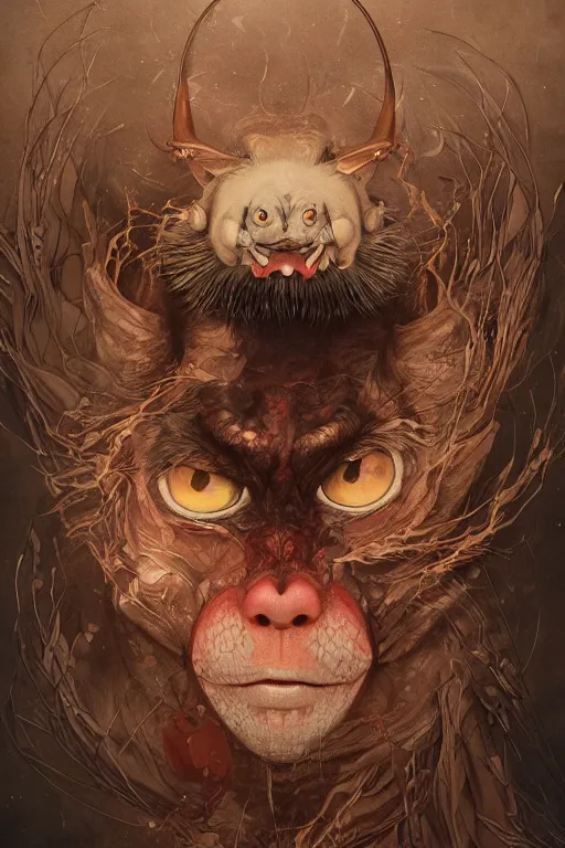 Prompt: a portrait of a japanese devil animal with big eye illustrated by miyazaki by karol bak, james jean, tom bagshaw, rococo, sharp focus, trending on artstation, cinematic lighting, hyper realism, octane render, 8 k, hyper detailed, vivid, ultra detailed, highly detailed