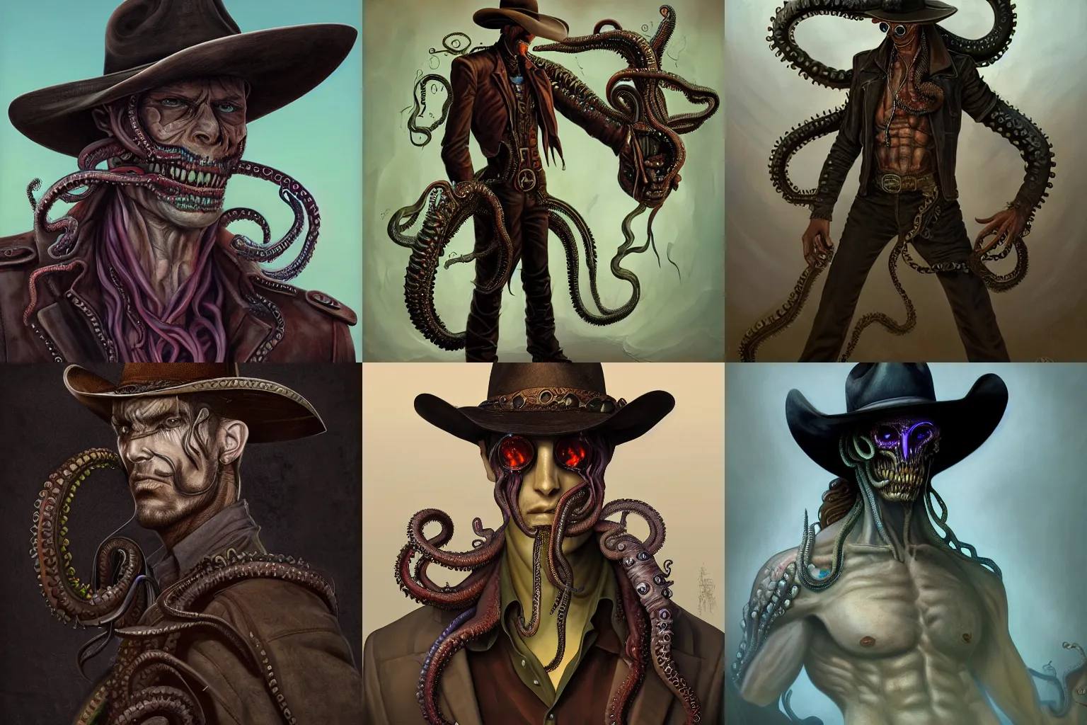 Prompt: digital painting of a corrupted eldritch cowboy, hyperdetailed, beautiful, eldritch horror, tentacles, by Gerald Brom, full body shot, cowboy leather hat, trending on Artstation