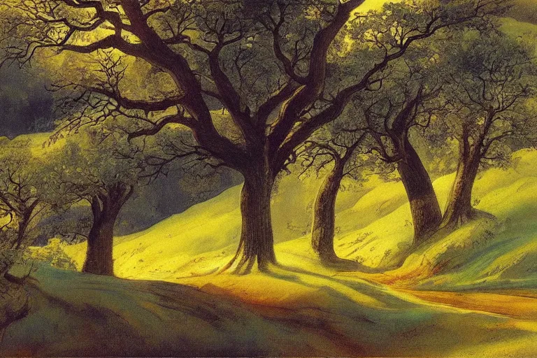 Prompt: masterpiece painting of oak trees on a hillside overlooking a creek, dramatic lighting, by gustaf tenggren