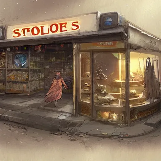 Image similar to concept art of a store that sells everything in the universe, by greg rutkowski